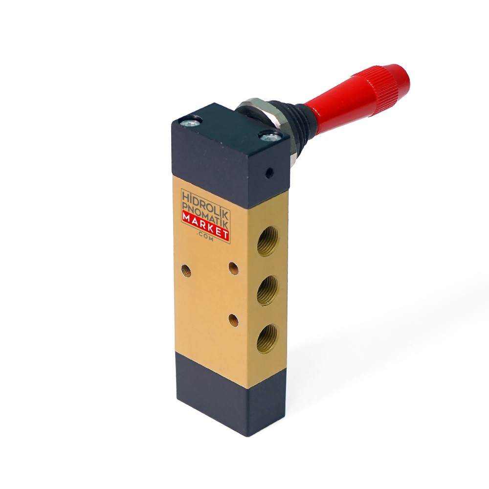 Pneumax 228.53.32.9.1/1 – 5/3 Yollu Geriye Yaylı Manuel Kollu Kumanda Valfi, G1/4 Bağlantılı