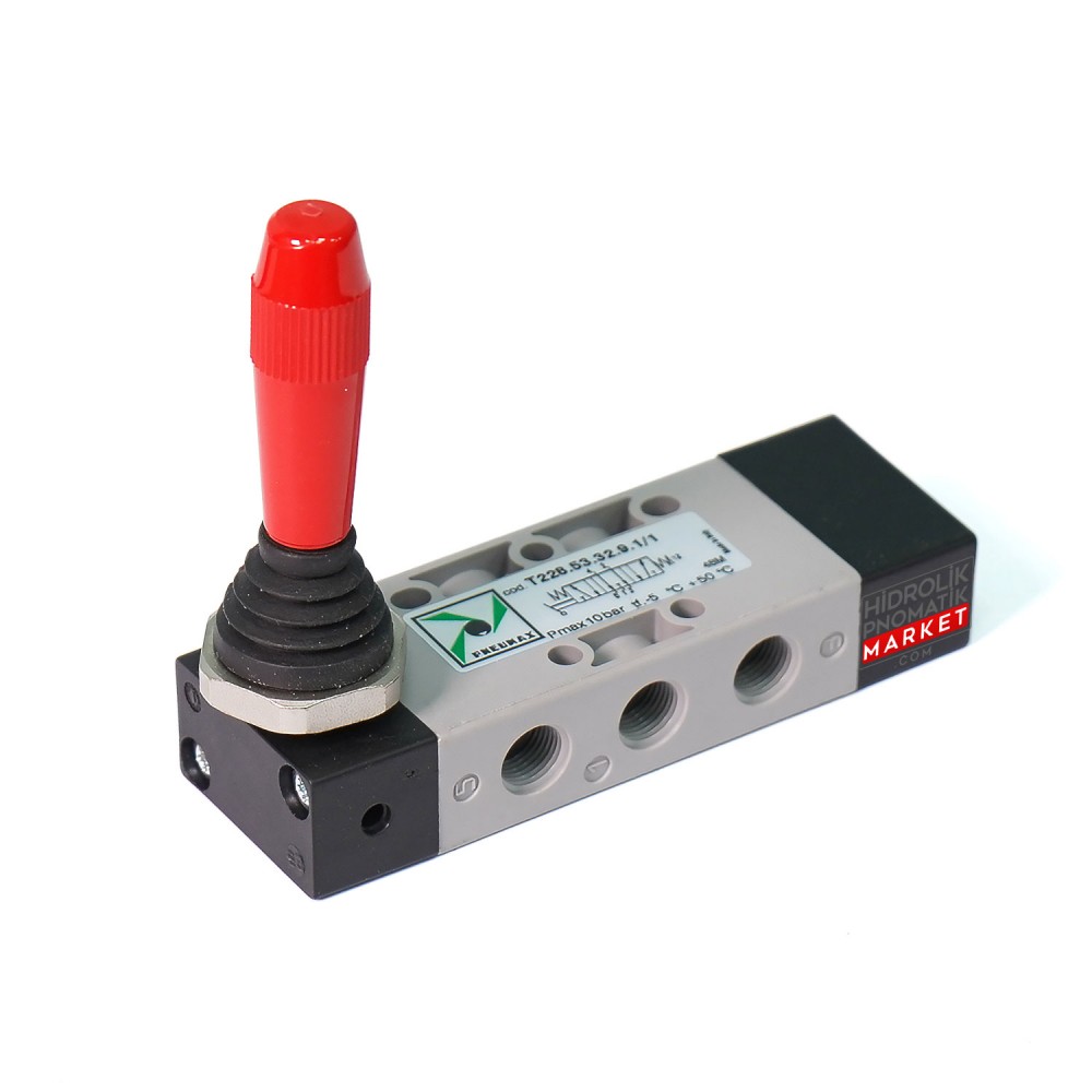 Pneumax T228.53.32.9.1/1 – 5/3 Yollu Pnömatik Kumanda Valfi, Manuel Kollu Kontrol, G1/4 Bağlantı