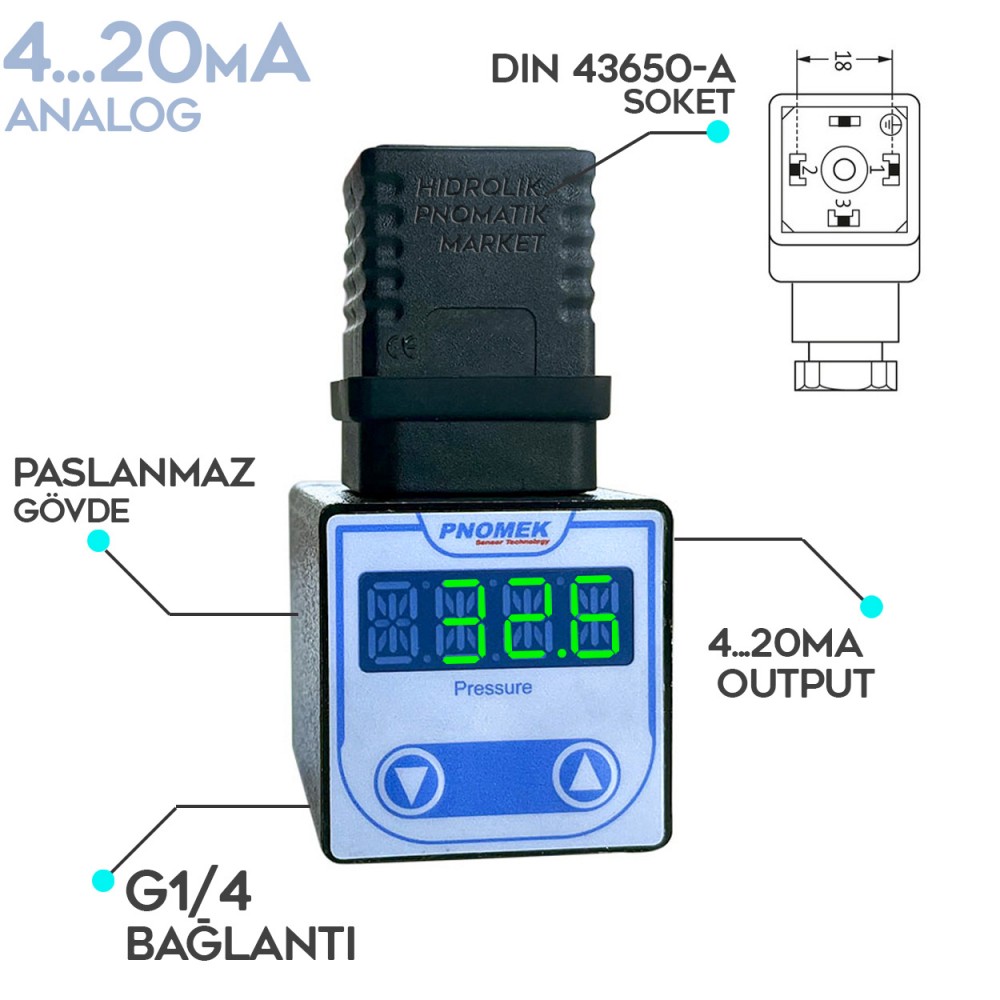 Pnomek 4...20mA Analog ES A3 K1 Z1 Serisi 050mbar >> 600 Bar (Seçenekli) Dijital Basınç Sensörü G1/4