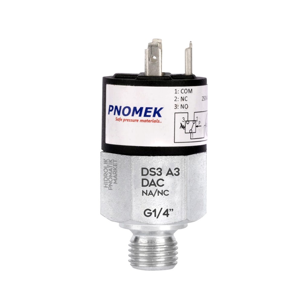 Pnomek DS3 A3 DAC 012 1 - 12 Bar Basınç Sensörü G1/4  NO/NC Kontak DIN43650-C Soket Basınç Anahtarı Çelik Çinko Kaplı