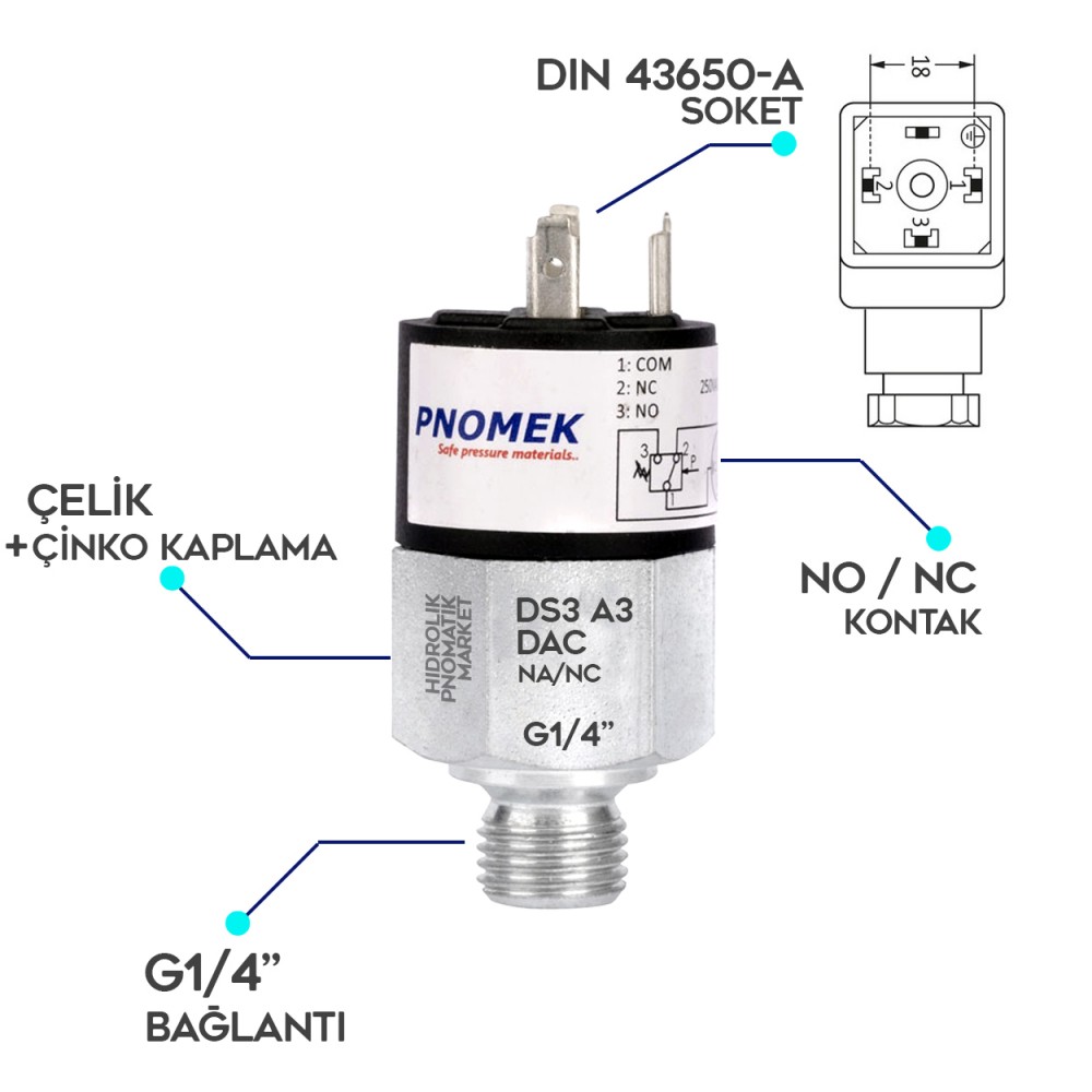 Pnomek DS3 A3 DAC 012 1 - 12 Bar Basınç Sensörü G1/4  NO/NC Kontak DIN43650-C Soket Basınç Anahtarı Çelik Çinko Kaplı