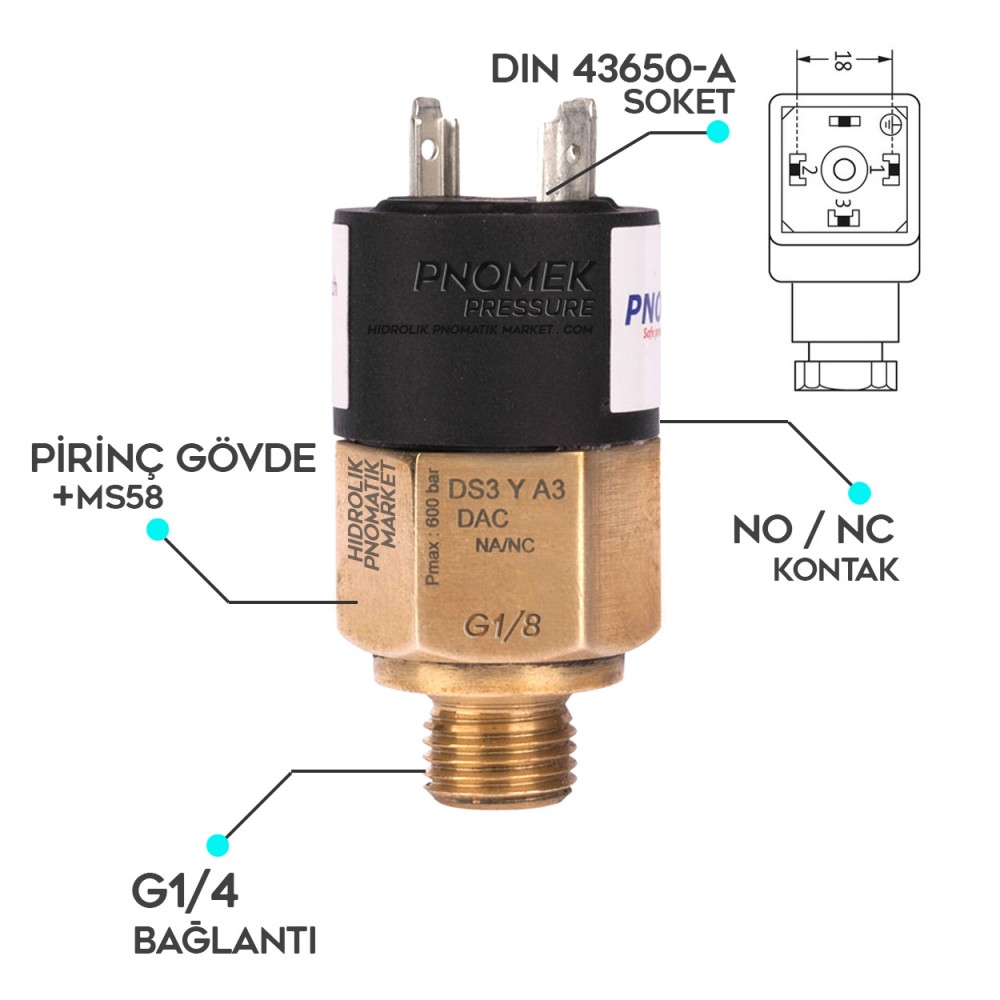 Pnomek DS3 Y A4 DAC 0,2 - 2 Bar Basınç Sensörü G1/8  NO/NC Kontak DIN43650 Soket Basınç Anahtarı Prinç