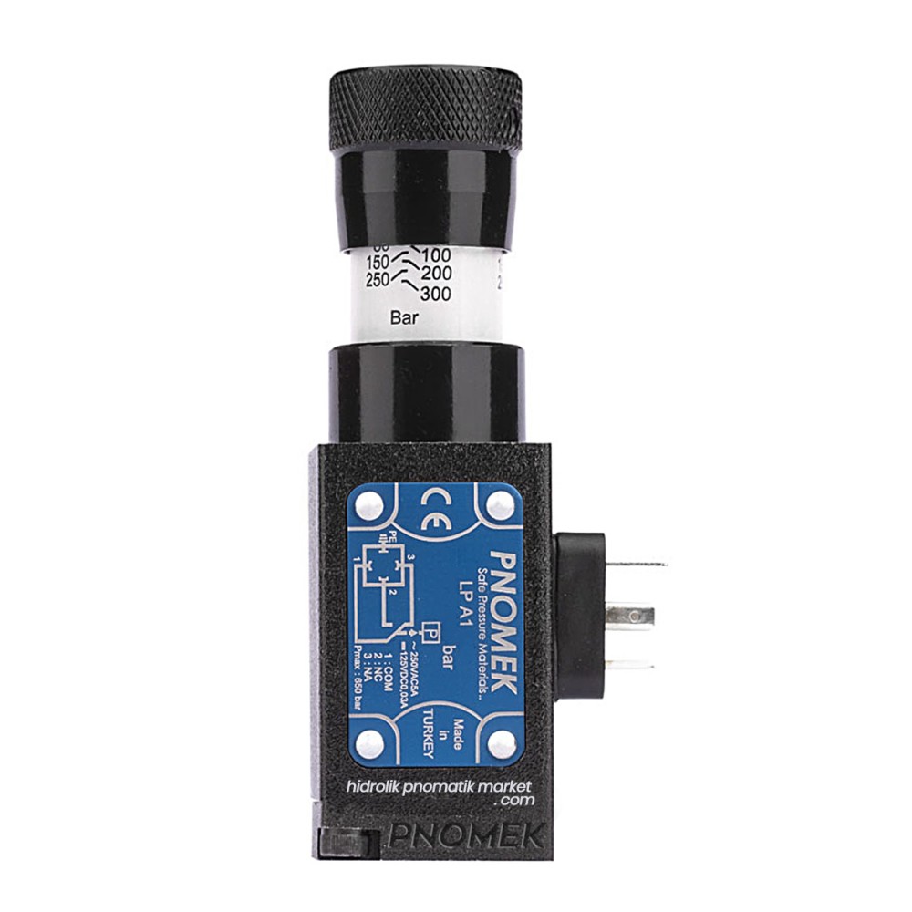 Pnomek LP A2 Serisi 10-160 Bar (Seçenekli)  Basınç Sensörü NO/NC DIN43650 Yan Flanş Bağlantılı