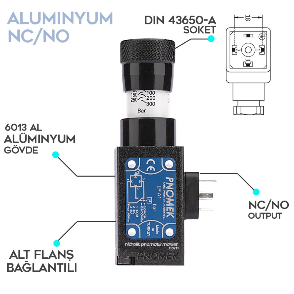 Pnomek LP A1 Serisi 20-300 Bar (Seçenekli) Basınç Sensörü NO/NC DIN43650 Alt Flanşlı