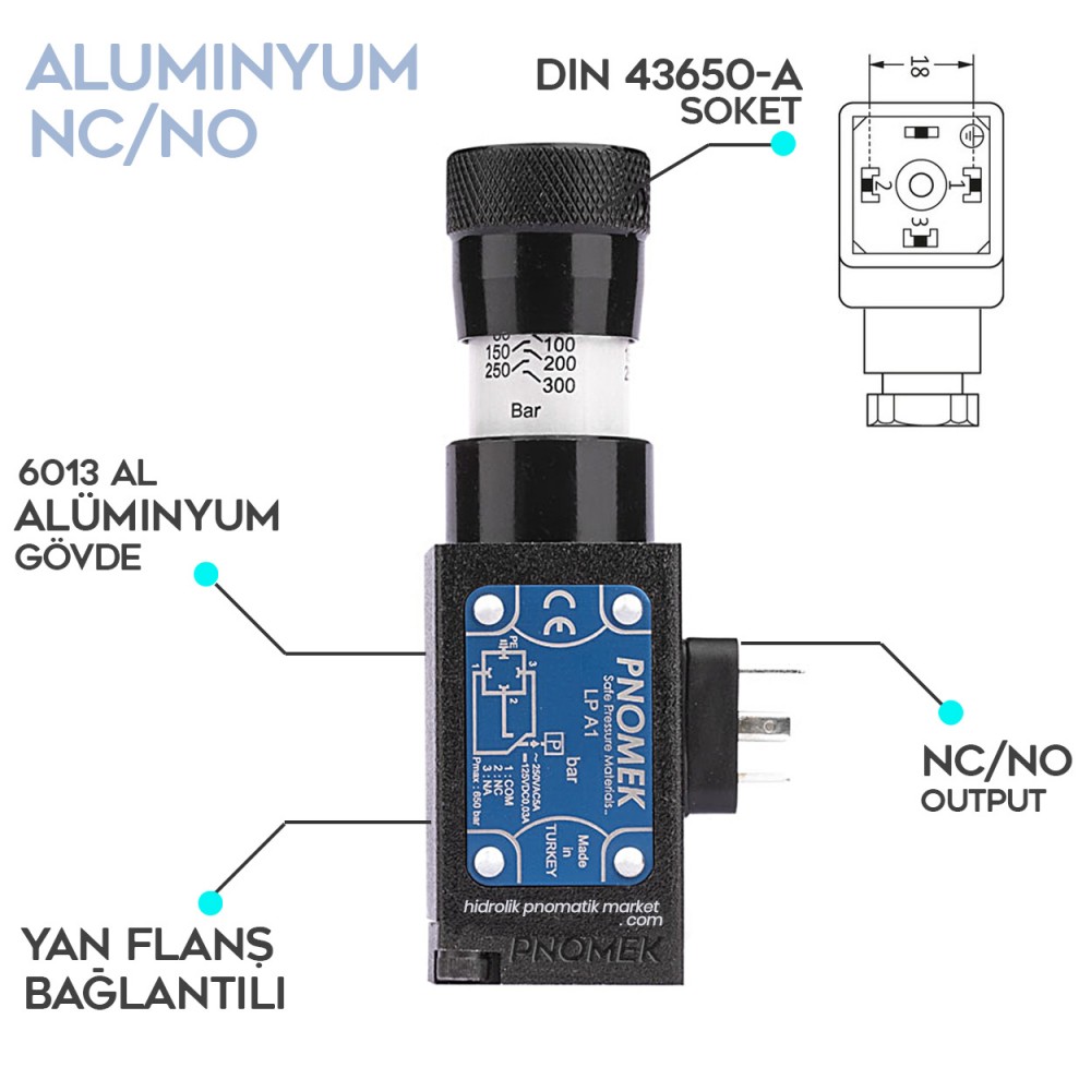 Pnomek LP A2 Serisi 10-160 Bar (Seçenekli)  Basınç Sensörü NO/NC DIN43650 Yan Flanş Bağlantılı