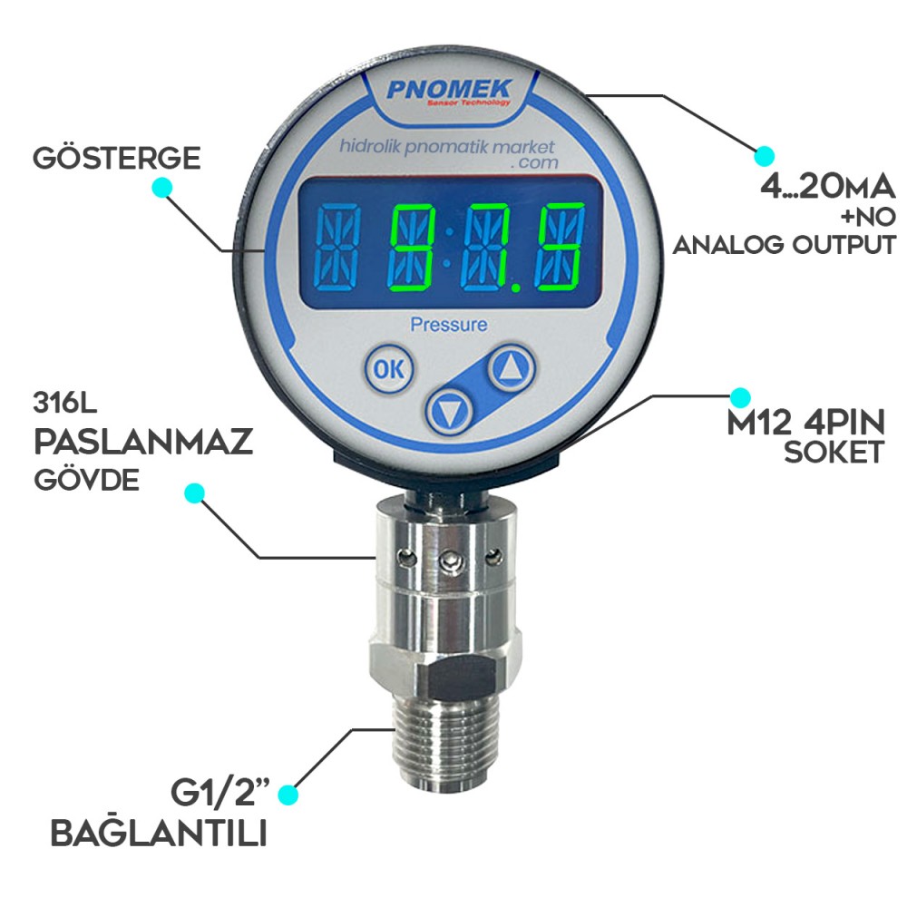 Pnomek NGP A5 T3 K1 Z1 Serisi NO / 4-20mA Analog Sinyal 050 mBar >> 600 Bar (Seçenekli) Dijital Basınç Sensörü M12 4PIN G1/2