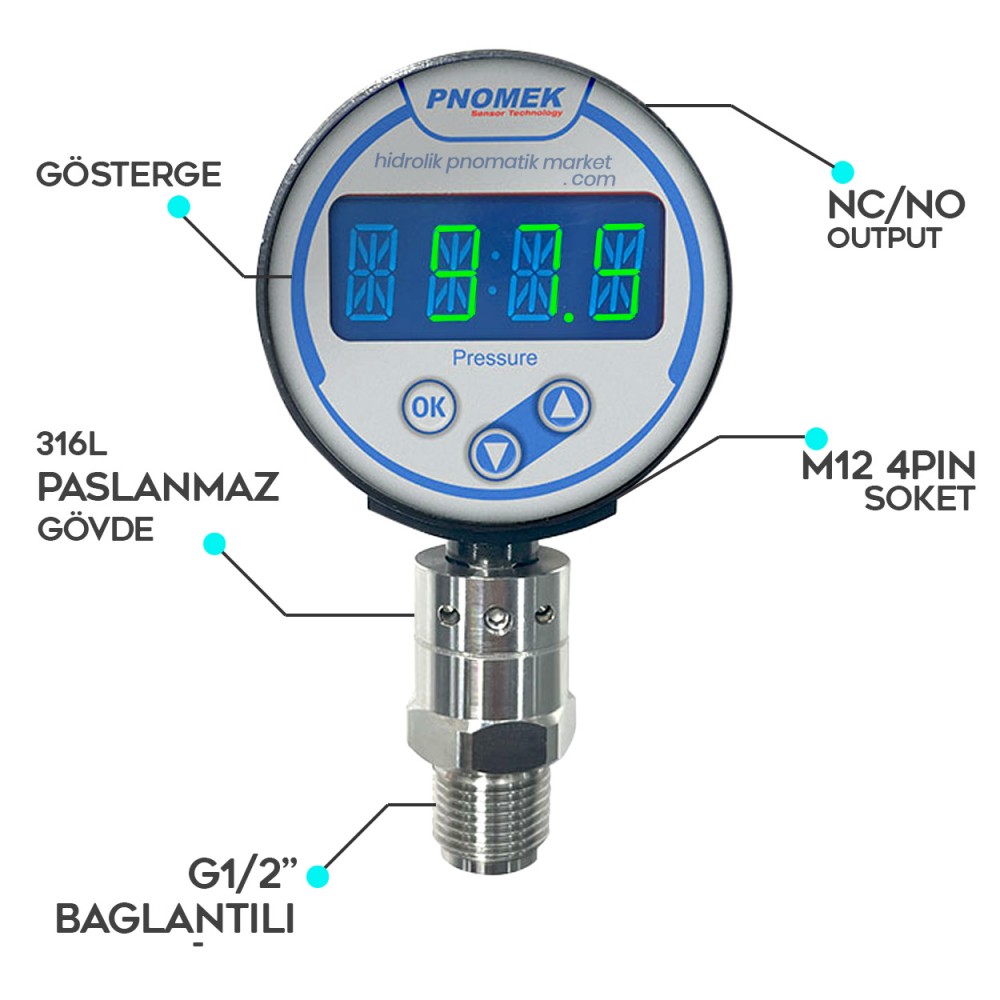 Pnomek NGP A5 T3 K1 Serisi Dijital 050 mBar >> 600 Bar (Seçenekli) Dijital Basınç Sensörü NO/NC M12 4PIN G1/2 Pnomek NGP A5 T3 K1 Serisi Dijital 050 mBar >> 600 Bar (Seçenekli) Dijital Basınç Sensörü NO/NC M12 4PIN G1/2