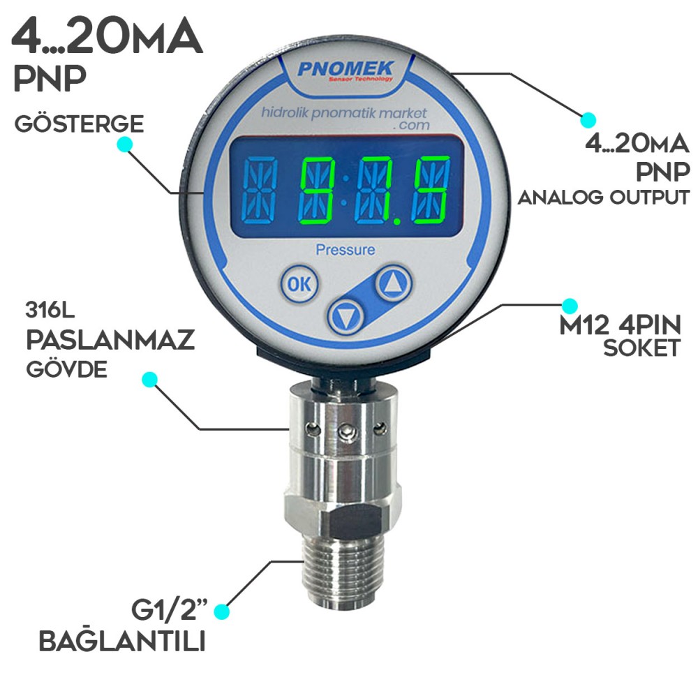 Pnomek NGP A5 T3 K2 Z1 Serisi PNP / 4-20mA Analog Sinyal 050 mBar >> 600 Bar (Seçenekli) Dijital Basınç Sensörü M12 4PIN G1/2 Pnomek NGP A5 T3 K2 Z1 Serisi PNP / 4-20mA Analog Sinyal 050 mBar >> 600 Bar (Seçenekli) Dijital Basınç Sensörü M12 4PIN G1/2