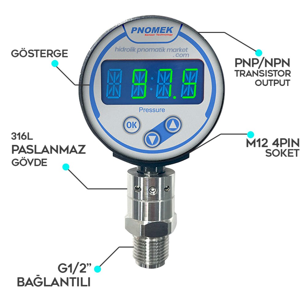 Pnomek NGP A5 T3 K2 Serisi PNP/NPN 050 mBar >> 600 Bar (Seçenekli) Dijital Basınç Sensörü M12 4PIN G1/2