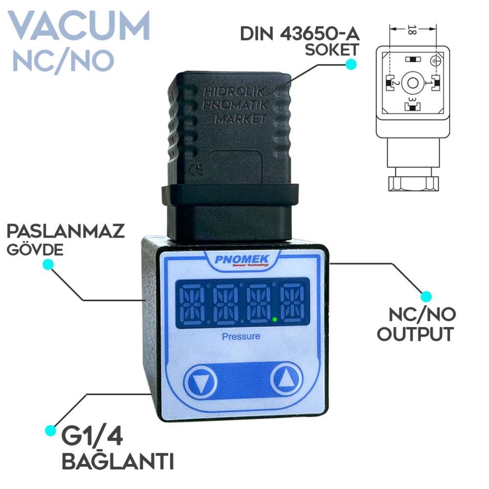 Pnomek ES A3 T1 K1 Dijital Vakum Ölçer-1/25 Bar (Seçenekli) Dijital Vakum Basınç Sensörü G1/4 NO/NC DIN43650