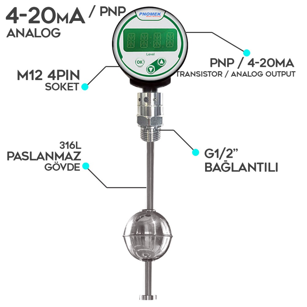 Pnomek 0-300MM PNP/4-20mA Analog Output Seviye Sensörü  NGL A5 T3 300 K2 Z1 Serisi  M12 4PIN G1/2 Pnomek 0-300MM PNP/4-20mA Analog Output Seviye Sensörü  NGL A5 T3 300 K2 Z1 Serisi  M12 4PIN G1/2