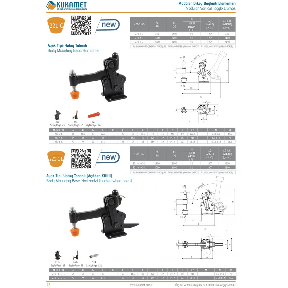 Kukamet 221-C / C-L Yatay Tabanlı Hızlı Bağlantı Elemanı Seri 221 Serisi Kukamet Toggle Clamp