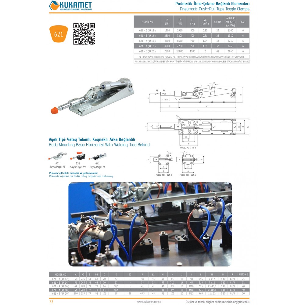 Kukamet 621 Yatay Tabanlı Arka Bağlantılı Pnömatik İtme Çekme Hızlı Bağlantı Elemanı Toggle Clamp