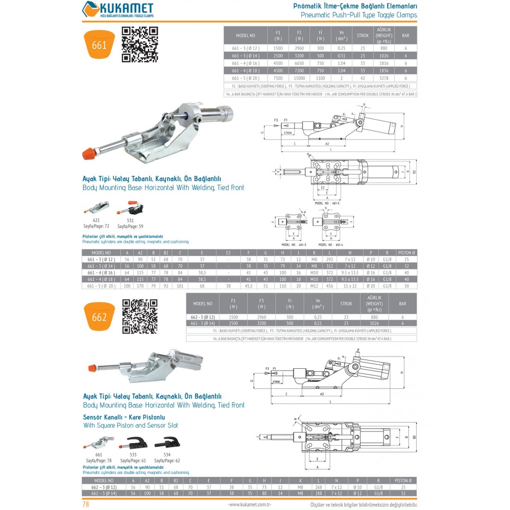 Kukamet 662 Yatay Tabanlı Ön Bağlantılı Pnömatik İtme Çekme Hızlı Bağlantı Elemanı Toggle Clamp