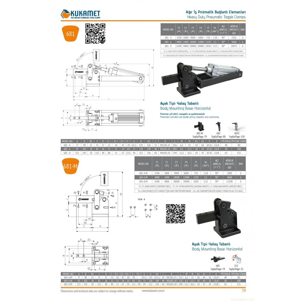 Kukamet 681 Yatay Tabanlı Ağır İş Yatay Pnömatik Hızlı Bağlantı Elemanı Pistonlu Toggle Clamp