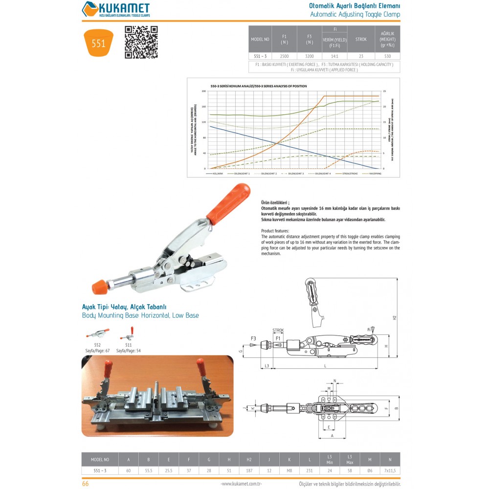 Kukamet 551-3 Yatay - Alçak Tabanlı Otomatik Ayarlı Bağlantı Elemanları Toggle Clamp 