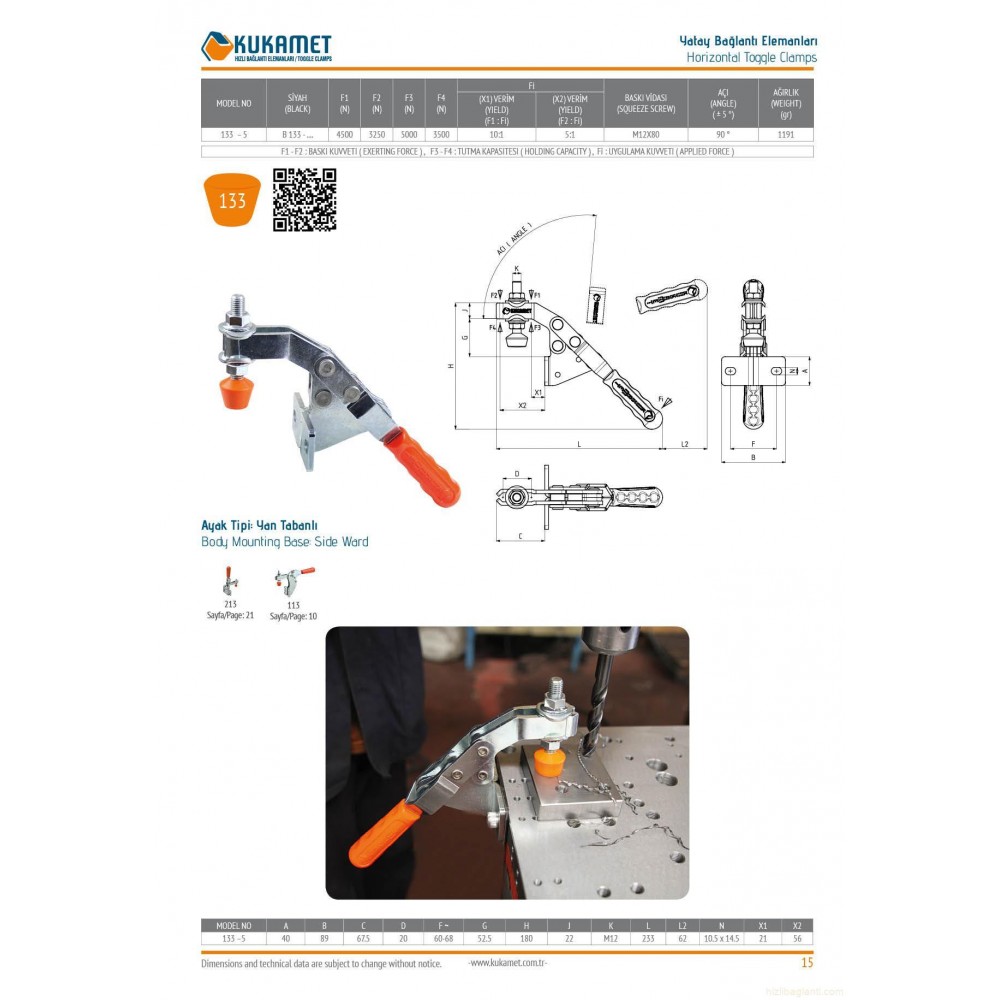 Kukamet 133-5 Yan Tabanlı Dikey Hızlı Bağlantı Elemanı Seri Toggle Clamp