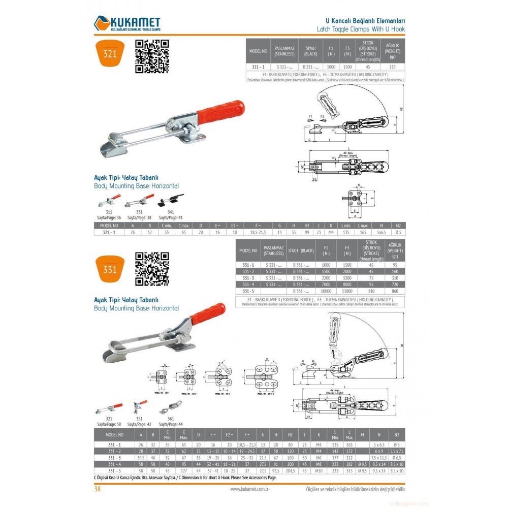 Kukamet 331-4 Yatay Tabanlı U Kancalı Gerdirme Mandalı Toggle Clamp