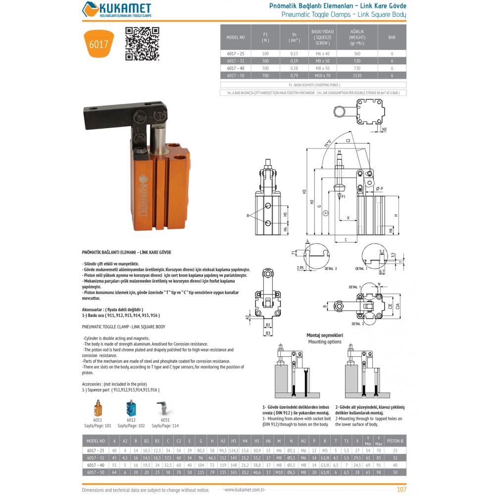 Kukamet 6017 25, 32, 40, 50, Döner Tip Pnömatik Kare Gövdeli Bağlantı Elemanı Toggle Clamp Pneumatic Air